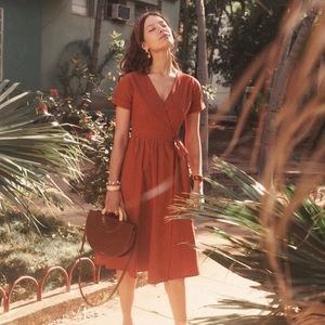 Sezane Marielle Dress Rust Red Orange Linen Wrap Dress Size 40 US 8